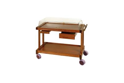 Chariot 2 tablettes en bois massif avec cloche, support, tiroir